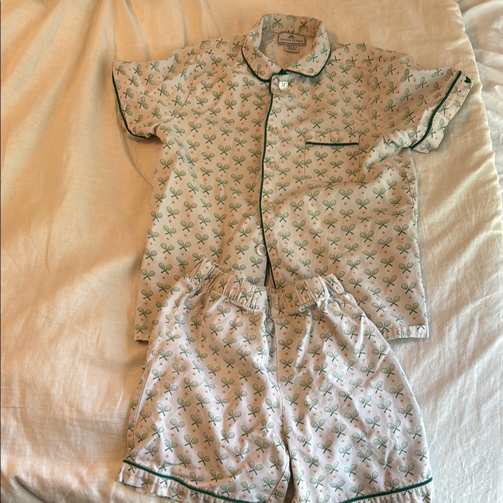 Petite Plume- Cream and Green Pajama Set with Classic Design